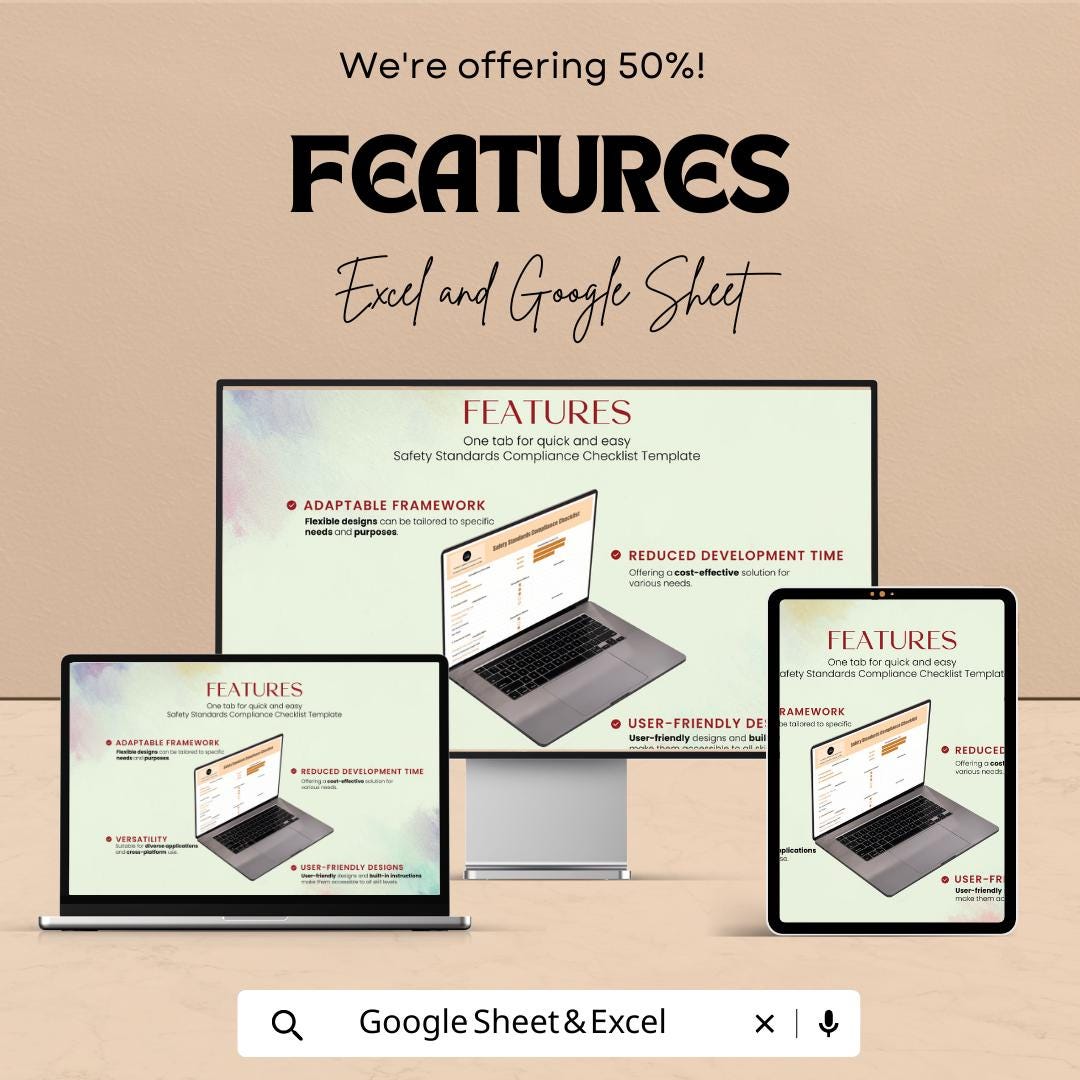 Safety Standards Compliance Checklist Template | OSHA Safety Audit Tracker | Excel & Google Sheets Editable | Workplace Inspection Log