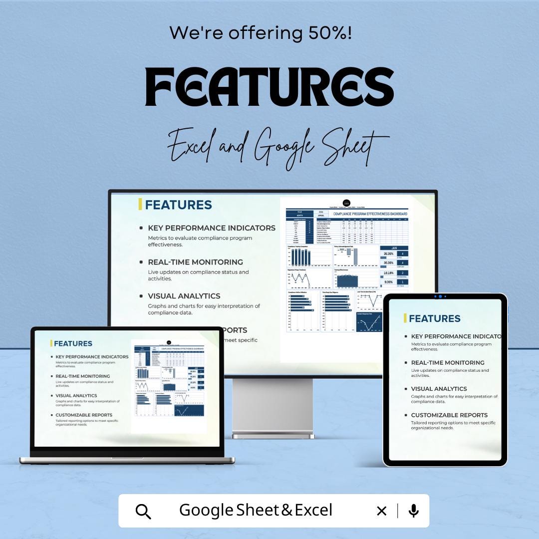 Legal Corporate Compliance Program Dashboard - Google Sheet, Track KPIs, Risk Levels, & Compliance Metrics - Effective Program Monitoring