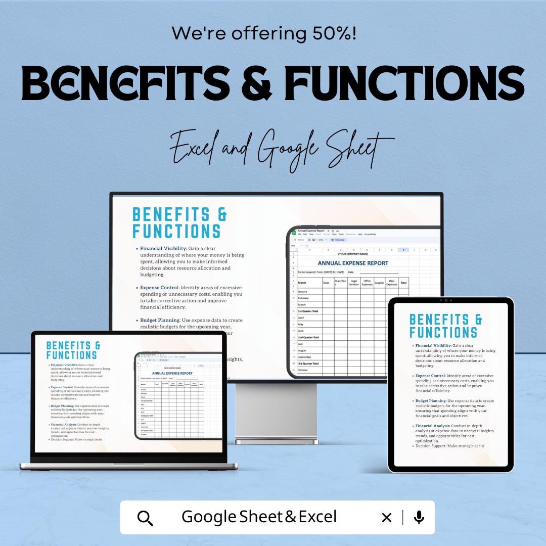Annual Expense Report Sheet Template for Google Sheets | Optimize Expenses | Business Financial Management Tool | Expense Tracking Sheet