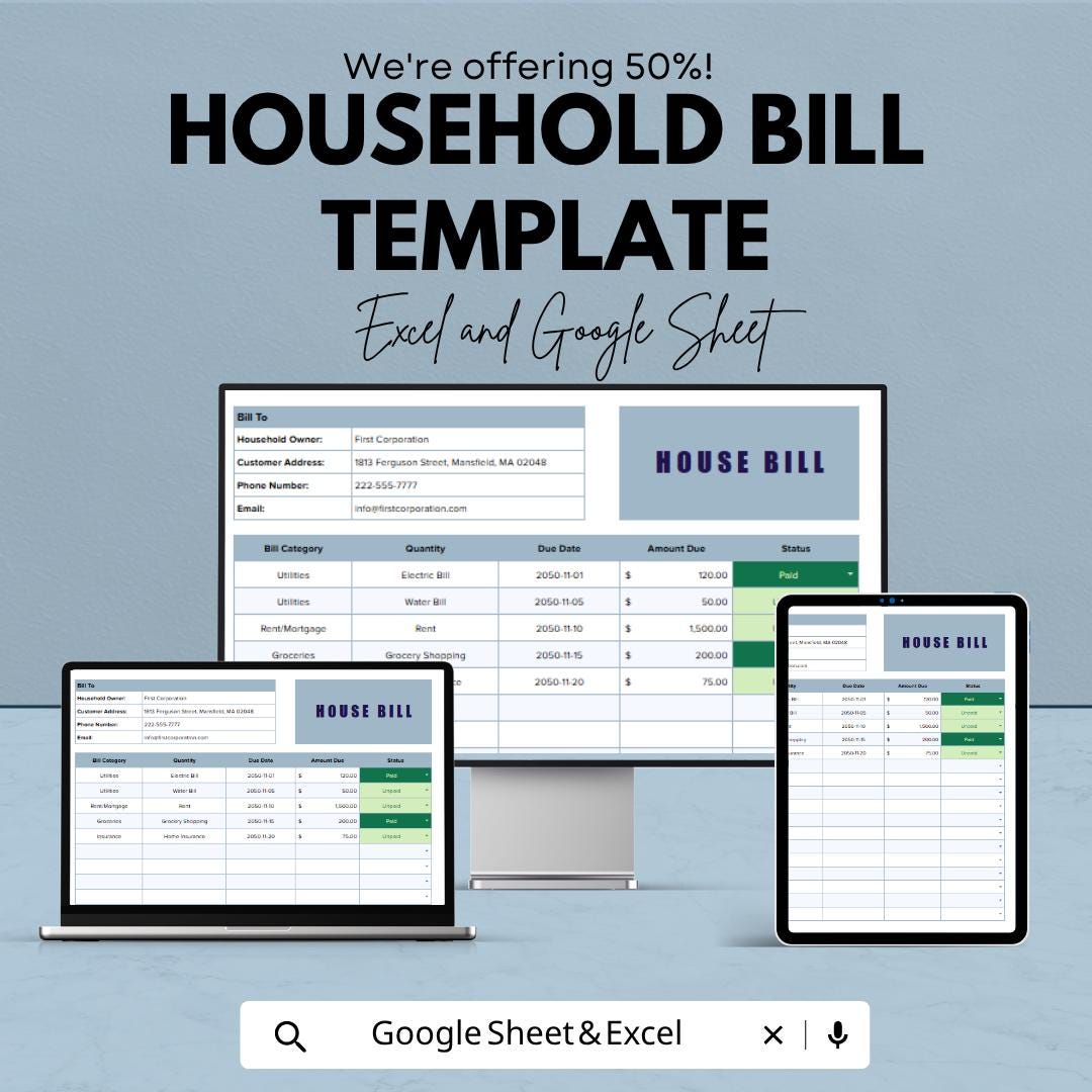 Household Bill Template | Monthly Bill Tracker Spreadsheet | Excel & Google Sheets | Home Expense Planner | Household Budget Organizer