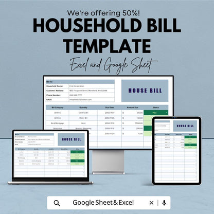 Household Bill Template | Monthly Bill Tracker Spreadsheet | Excel & Google Sheets | Home Expense Planner | Household Budget Organizer