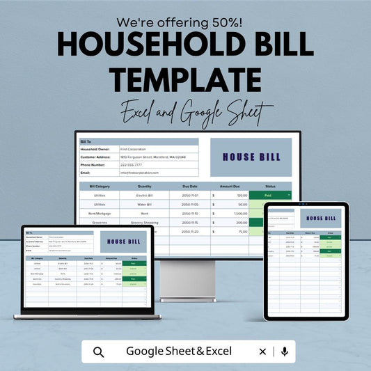 Household Bill Template | Monthly Bill Tracker Spreadsheet | Excel & Google Sheets | Home Expense Planner | Household Budget Organizer