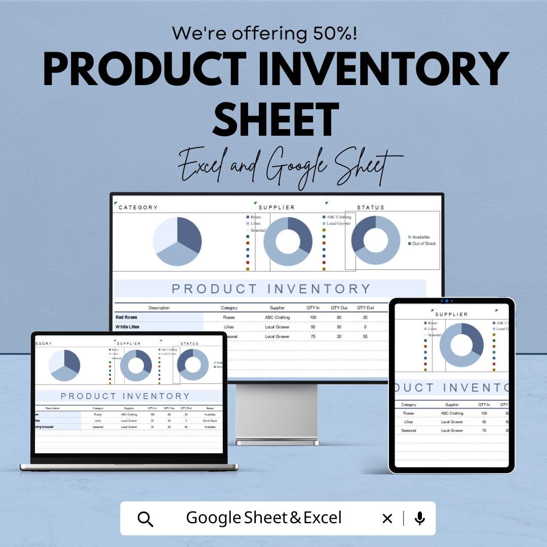 Product Inventory Sheet for Excel and Google Sheets | Track Stock, Suppliers & Status | Easy Inventory Management Template