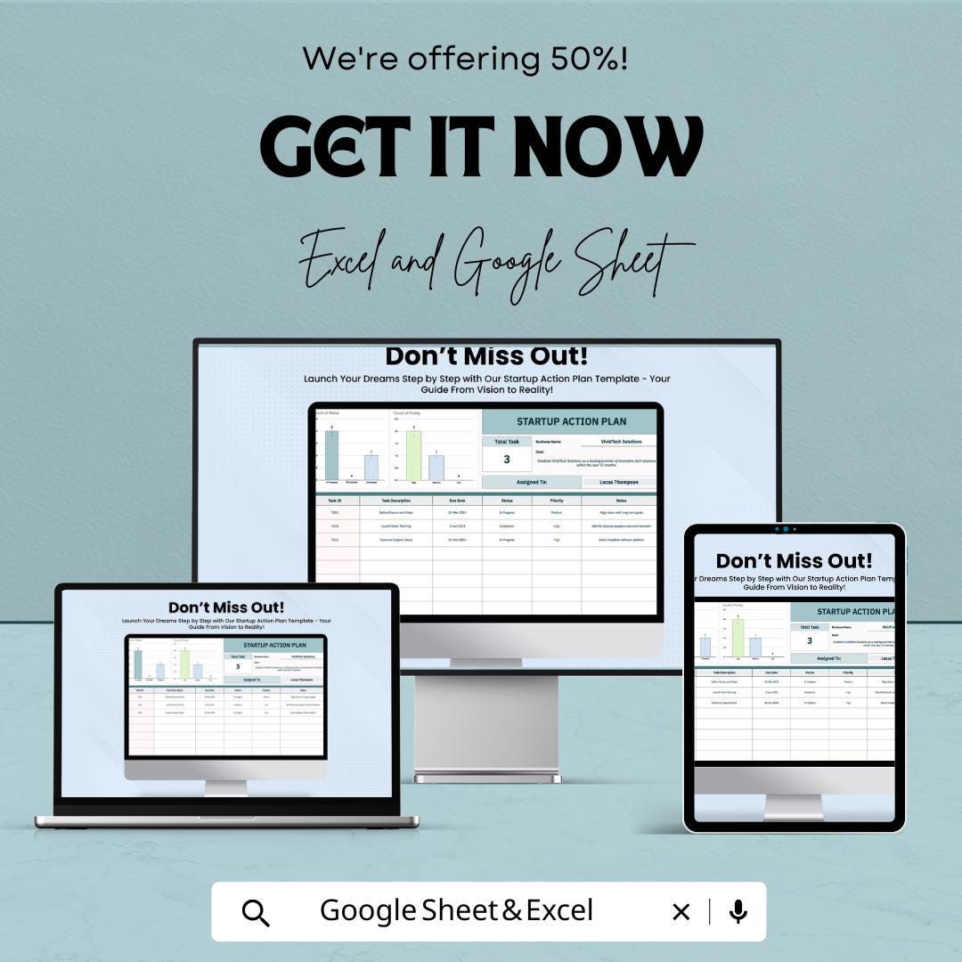 Startup Action Plan Template - Excel & Google Sheet - Business Task Tracker, Goal Setting, Startup Planning, Action Plan for Entrepreneurs,