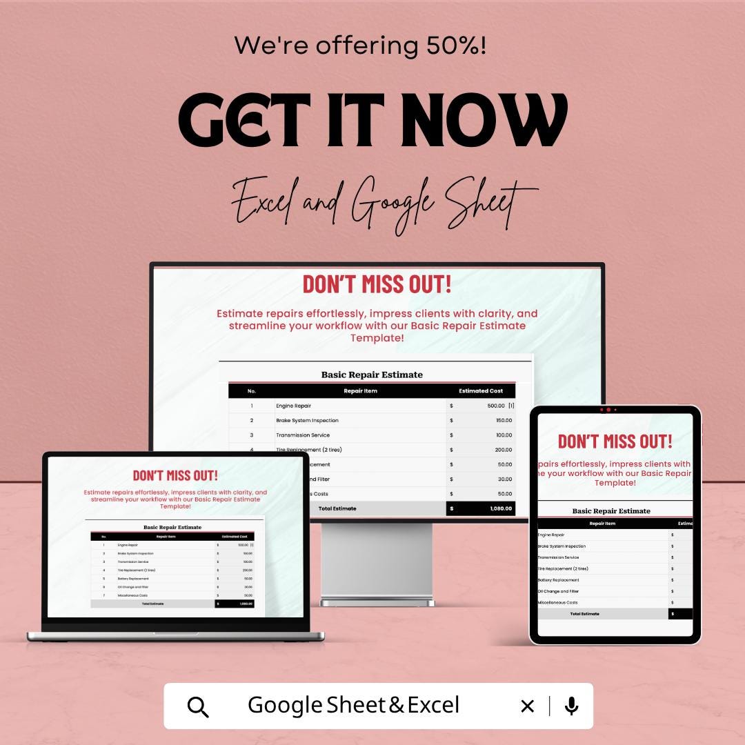 Repair Estimate Template Excel | Service Estimate Invoice | Contractor Quote Template | Auto Repair Estimate Sheet | Google Sheets Estimate