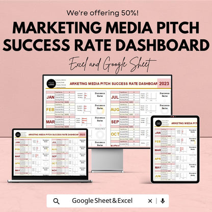 Marketing Media Pitch Success Rate Dashboard | Excel and Google Sheets | Track Media Pitches & Success | Marketing Template for Campaigns