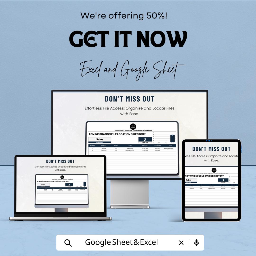 Administration File Location Directory Template, Excel & Google Sheets File Tracker, Office File Index, Document Management Spreadsheet