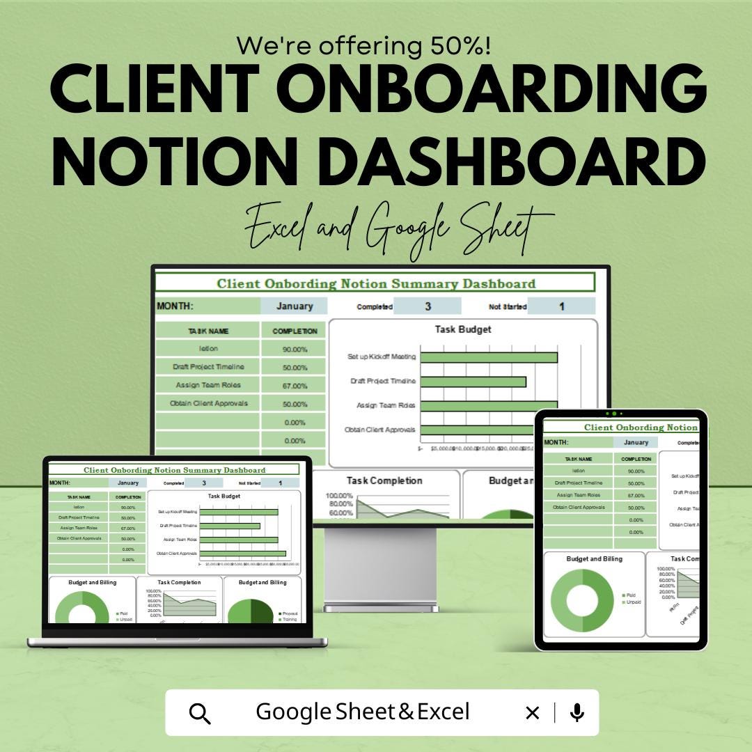 Client Onboarding Notion Dashboard Sheet | Excel and Google Sheets | Project Management Tool | Budgeting & Task Tracking
