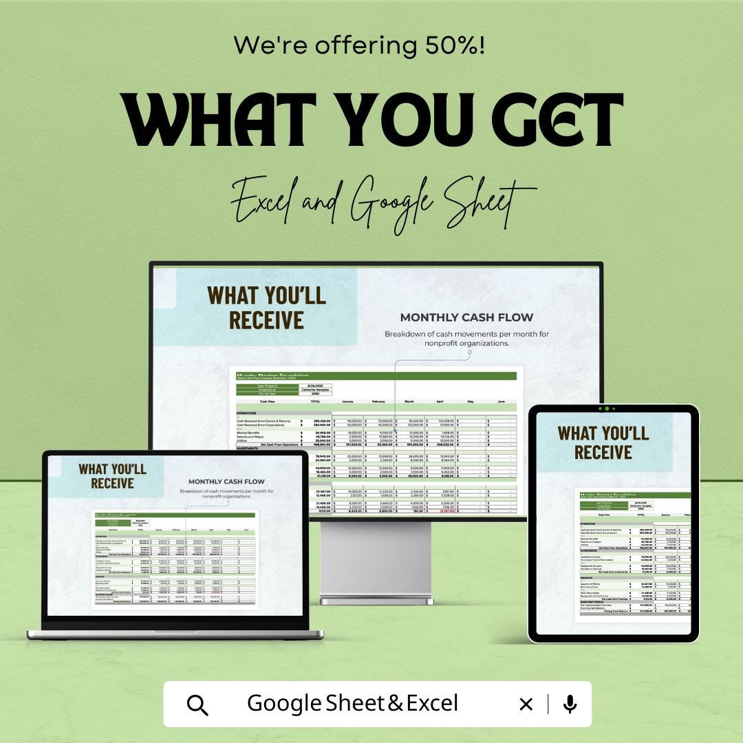 Nonprofit Cash Flow Projection Template, Nonprofit Budget Planner, Charity Finance Tracker, Donation Tracking sheet, Cash Flow Forecast