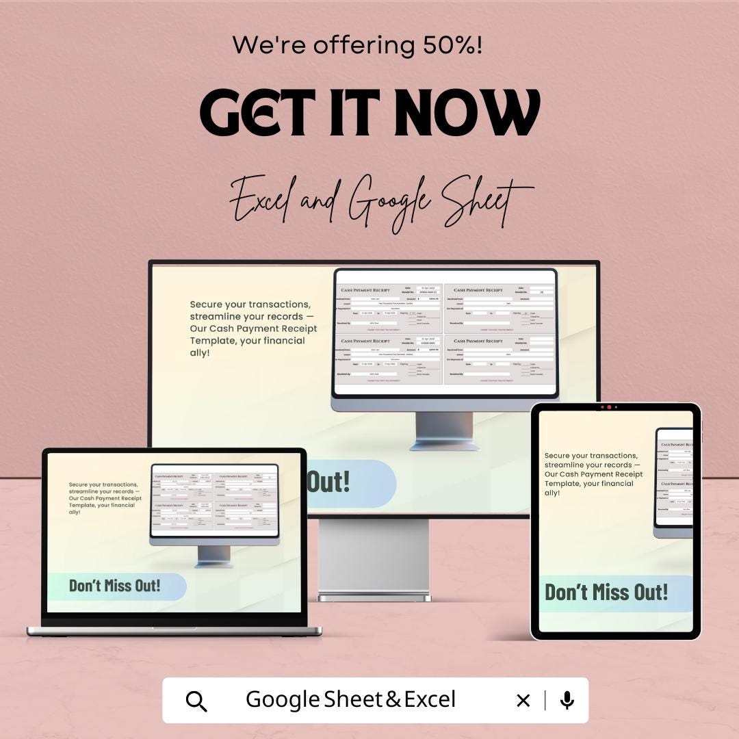 Cash Payment Receipt Template – Excel & Google Sheet – Financial Documentation, Proof of Payment, Transaction Record – Editable Template
