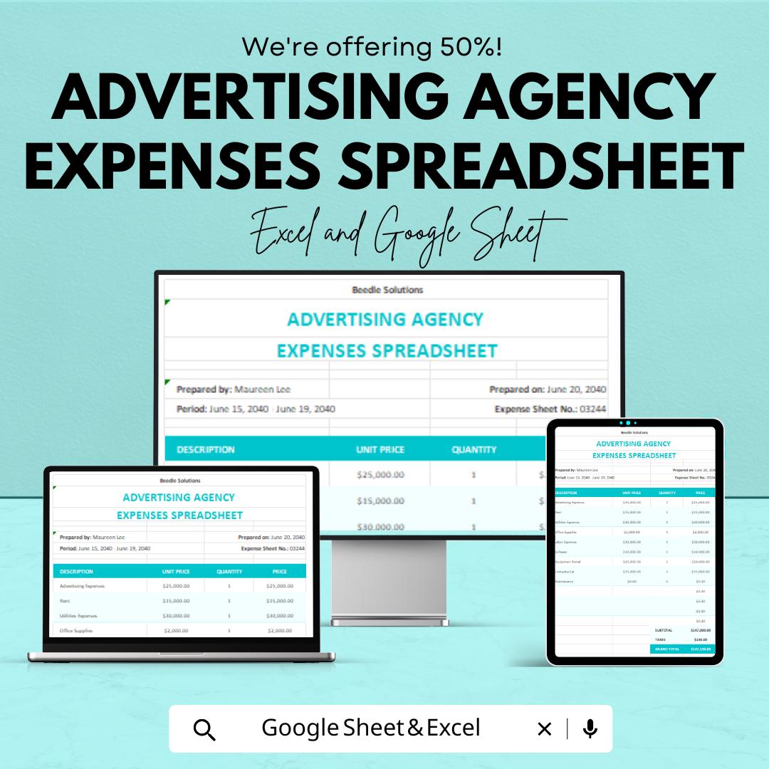 Advertising Agency Expenses Spreadsheet | Google Sheets Template | Budget Management, Track Advertising Costs, Automated Calculations