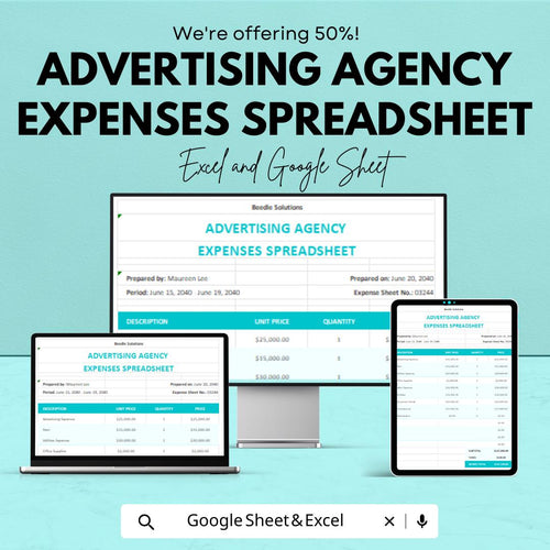 Advertising Agency Expenses Spreadsheet | Google Sheets Template | Budget Management, Track Advertising Costs, Automated Calculations