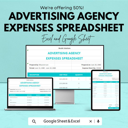 Advertising Agency Expenses Spreadsheet | Google Sheets Template | Budget Management, Track Advertising Costs, Automated Calculations