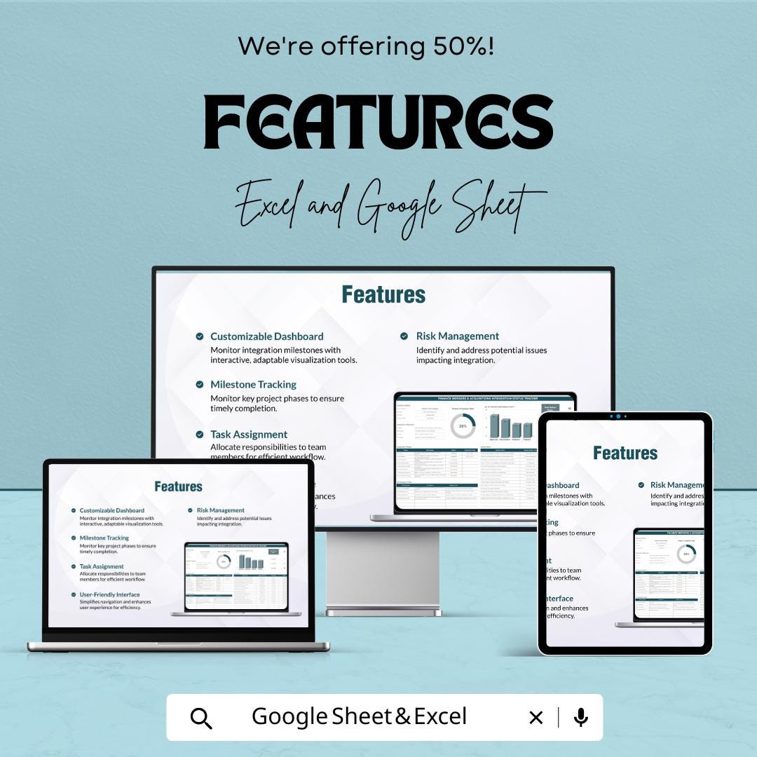 Finance Mergers and Acquisitions Integration Status Tracker Sheet | Excel & Google Sheets Template | Track Integration Progress |