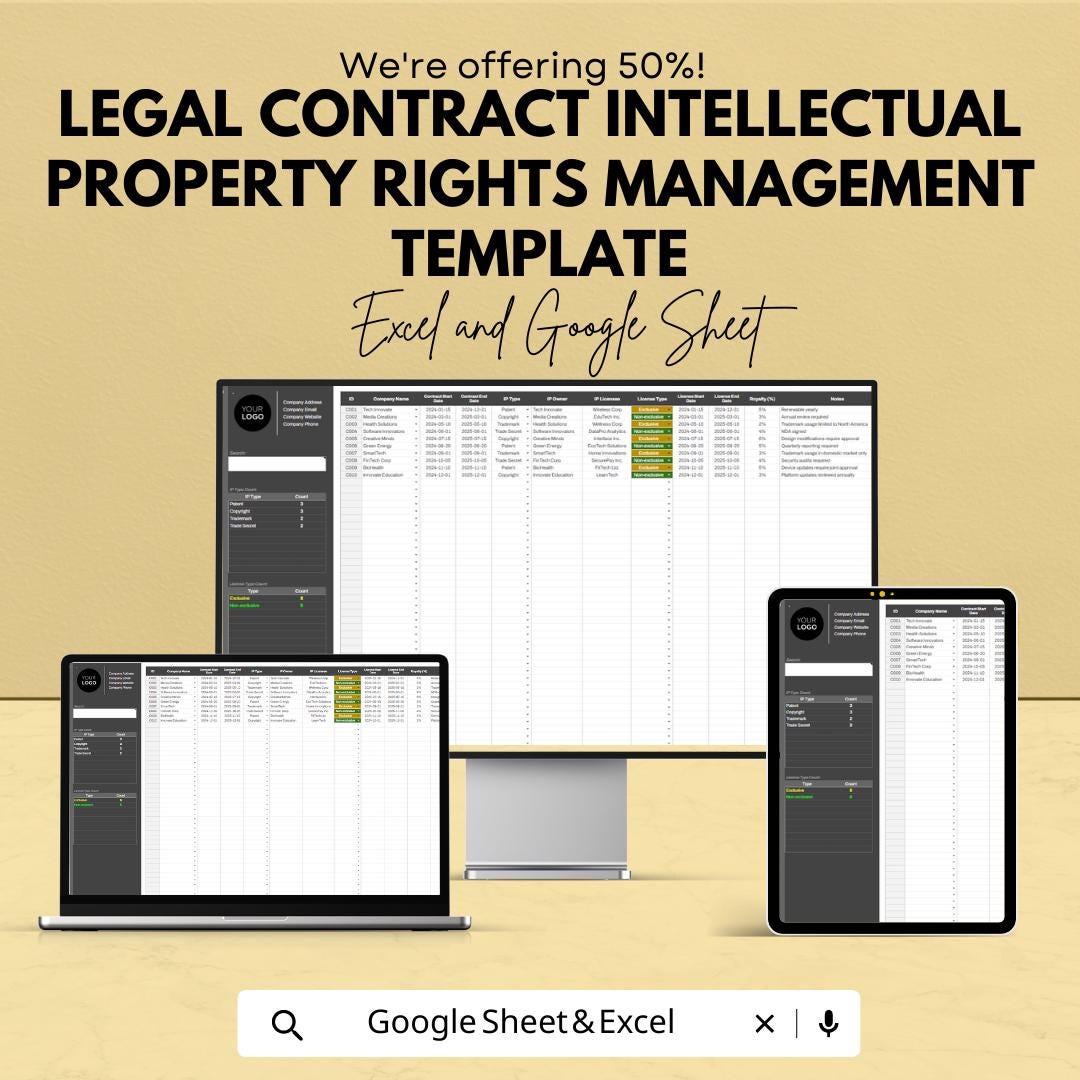 IP Rights Management Template, Intellectual Property Contract Tracker, Legal Contract Organizer