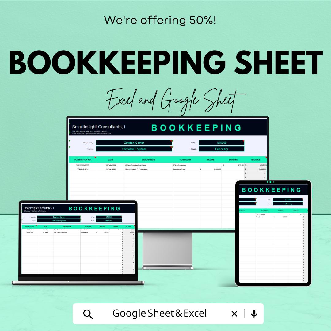 Bookkeeping Sheet Template | Excel & Google Sheets | Small Business Finance Tracker | Income Expense Log | Accounting Spreadsheet