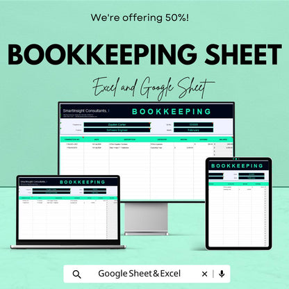 Bookkeeping Sheet Template | Excel & Google Sheets | Small Business Finance Tracker | Income Expense Log | Accounting Spreadsheet