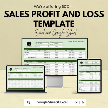 Sales Profit and Loss Template | Excel and Google Sheets | Income and Expense Tracker | P&L Statement | Business Finance Spreadsheet