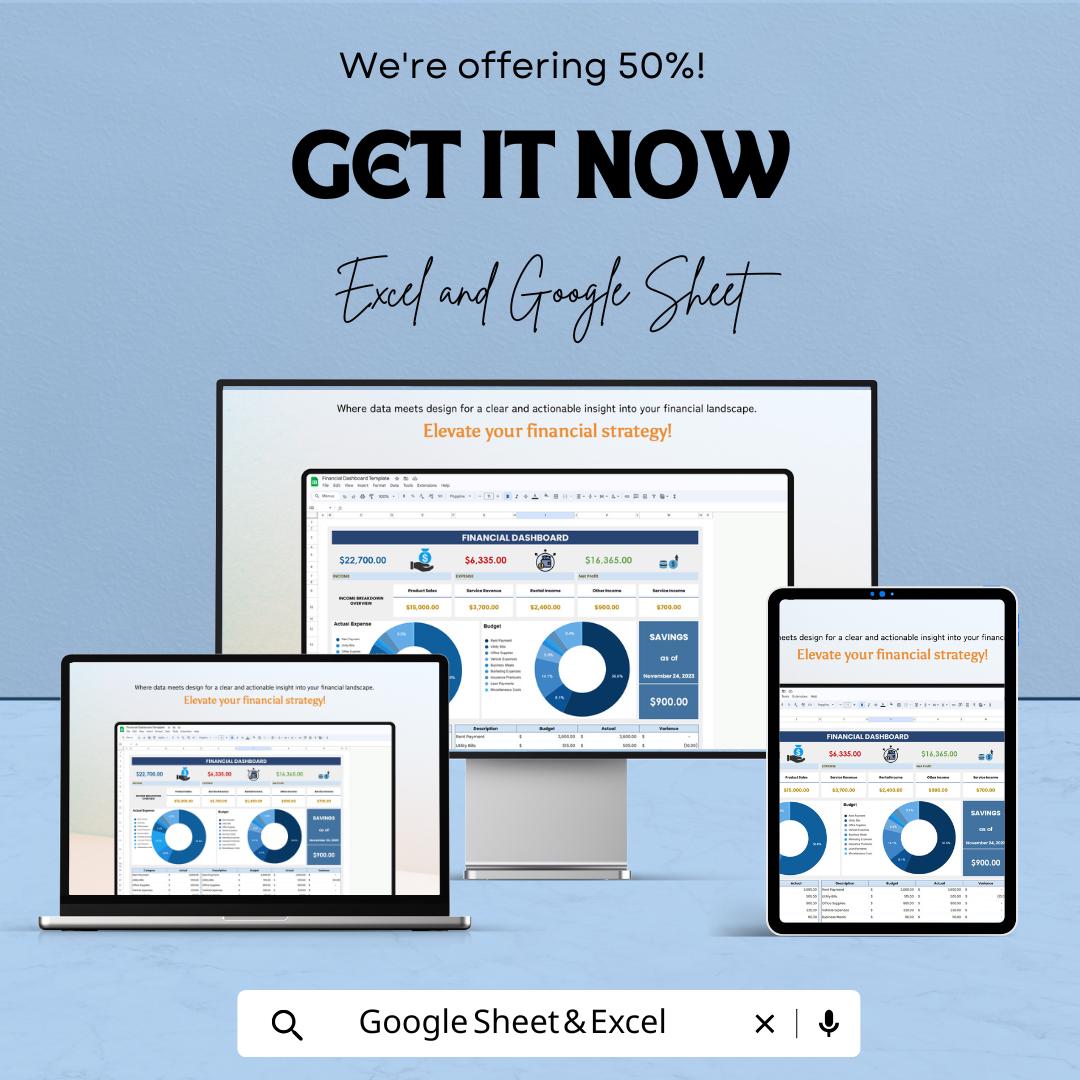 Financial Dashboard Template | Business Finance Tracker | Income Expense Spreadsheet | Financial Planner