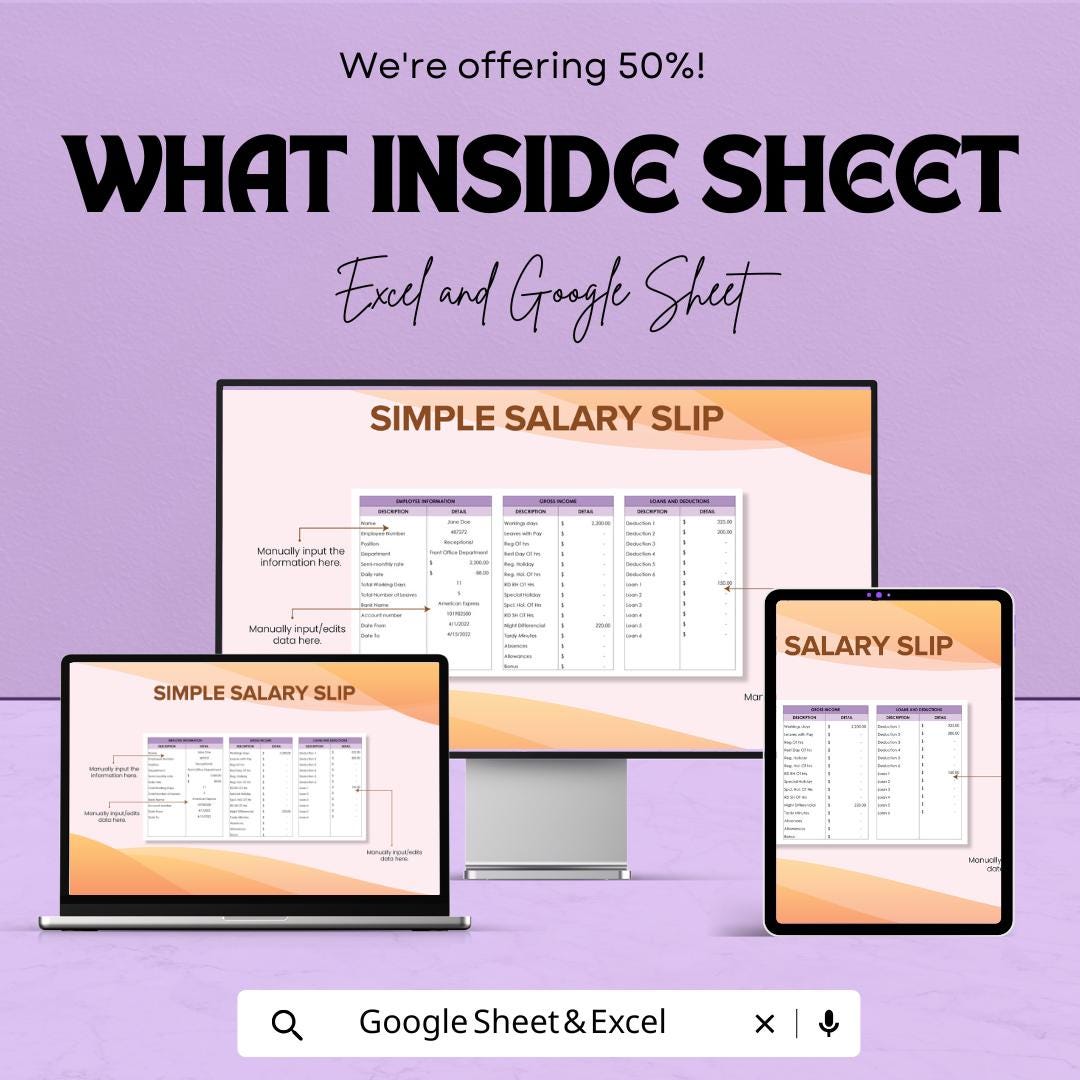 Simple Salary Slip Sheet | Excel & Google Sheets | Customizable | Easy to Use | Employee Payroll Template