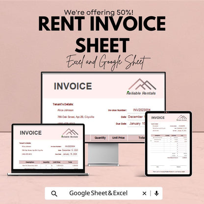 Rent Invoice Template | Excel & Google Sheets | Customizable Rental Invoice | Easy-to-Use Invoice for Rent Payments | Instant Download