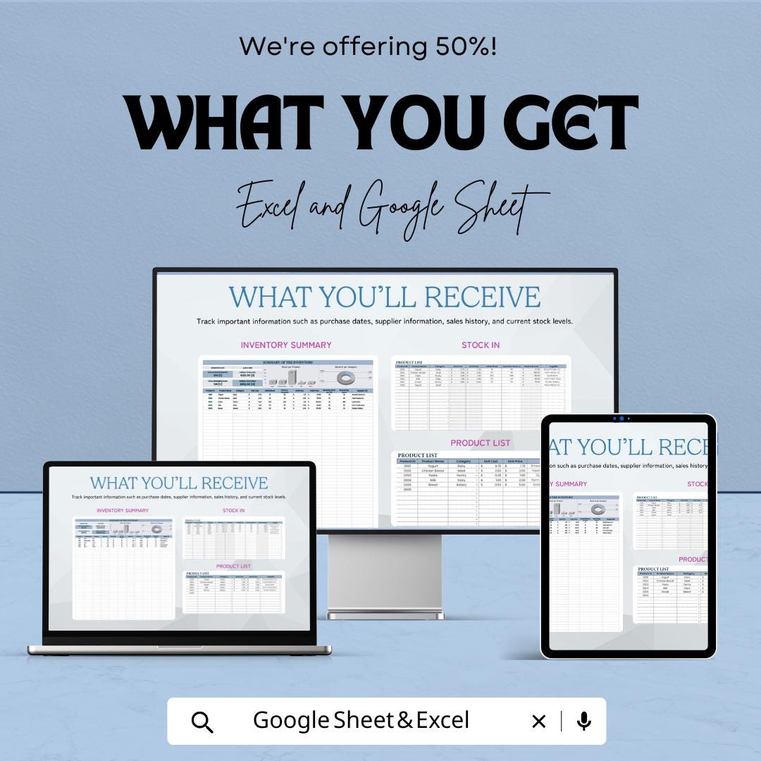 Efficient Inventory Management Sheet - Excel & Google Sheets Template for Inventory Tracking, Stock Control, and Product Analysis