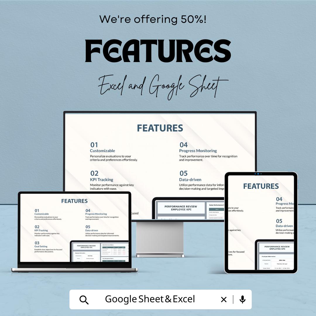 Performance Review Employee KPI Sheet | KPI Dashboard | Staff Evaluation Template | HR Google Sheet & Excel | Employee Performance Tracker