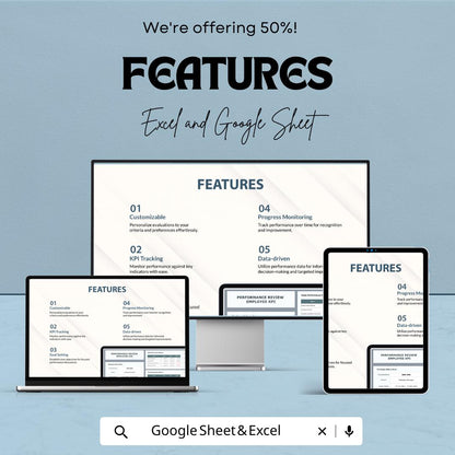 Performance Review Employee KPI Sheet | KPI Dashboard | Staff Evaluation Template | HR Google Sheet & Excel | Employee Performance Tracker