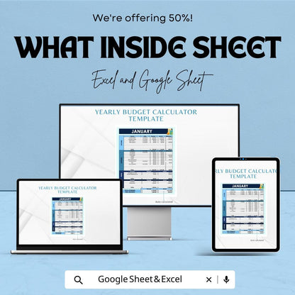 Yearly Budget Calculator Sheet | Excel & Google Sheets | Income, Expenses, Savings Tracking | Financial Planning Template