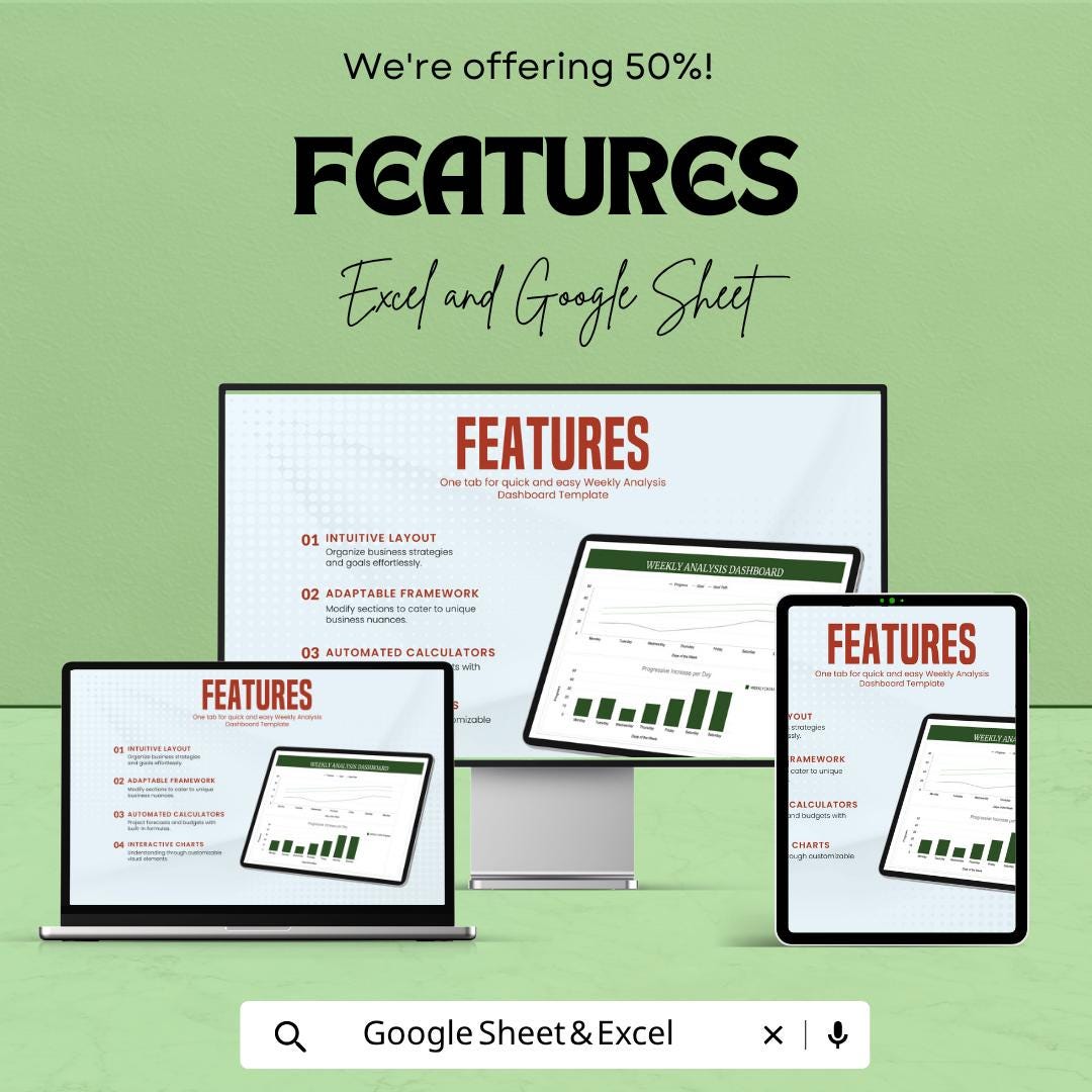Weekly Analysis Dashboard Template | Weekly Report Spreadsheet | Data Analysis Dashboard | Performance Tracker | Excel & Google Sheets |