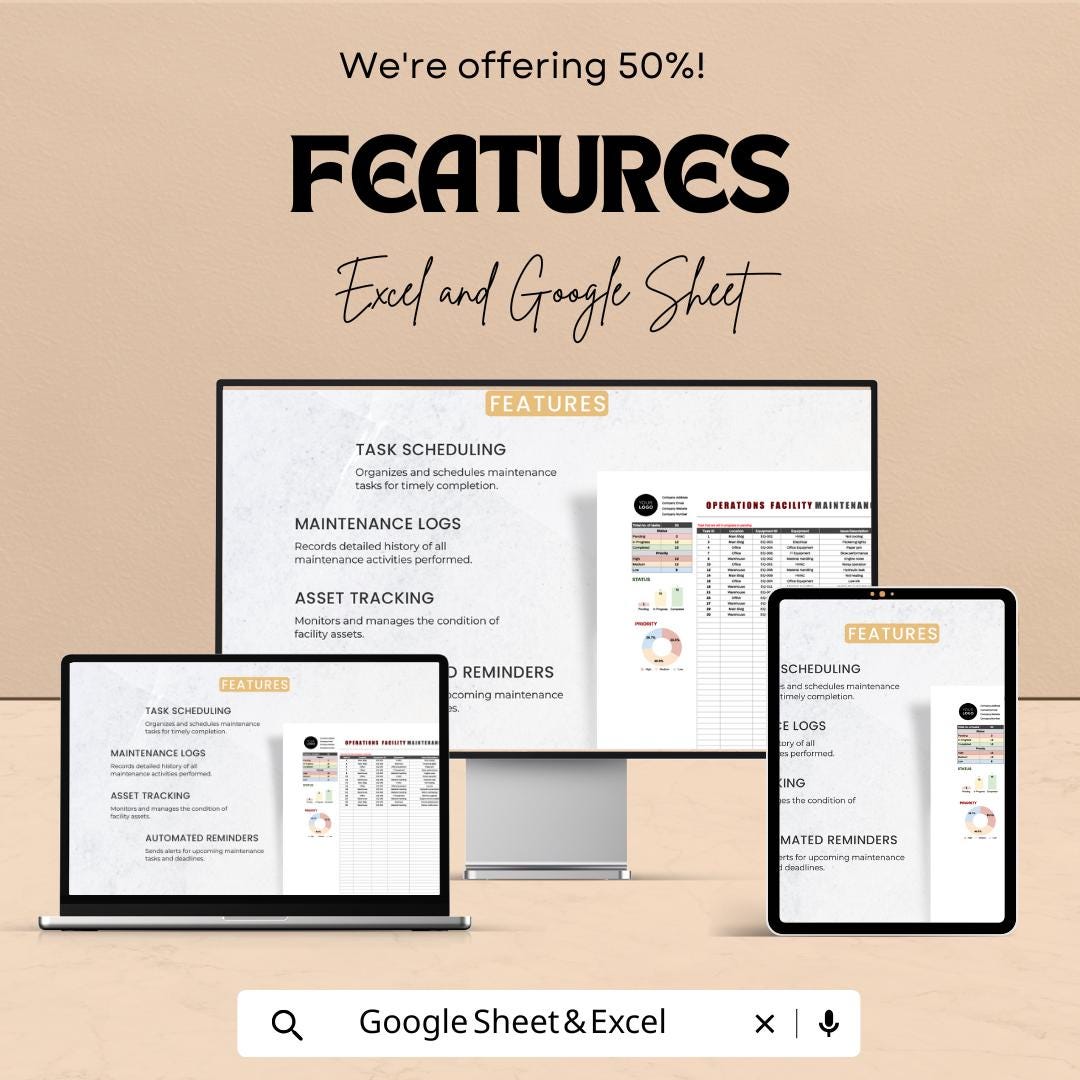 Operations Facility Maintenance Tracker Sheet – Excel & Google Sheets | Facility Maintenance Log Template | Task Scheduling, Asset Tracking