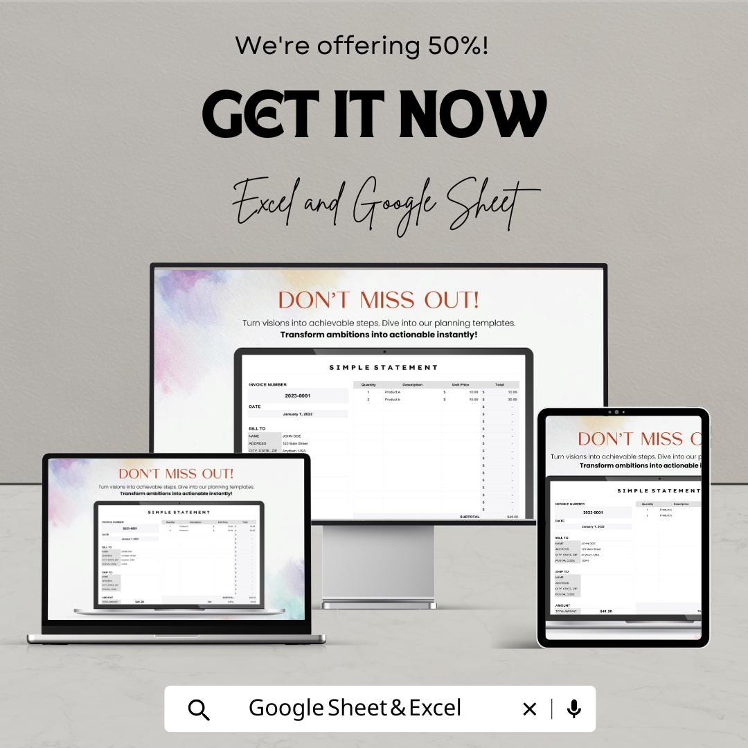 Simple Statement Sheet | Excel and Google Sheets Template | Printable Statement Form | Business Finance & Invoice Tracker |