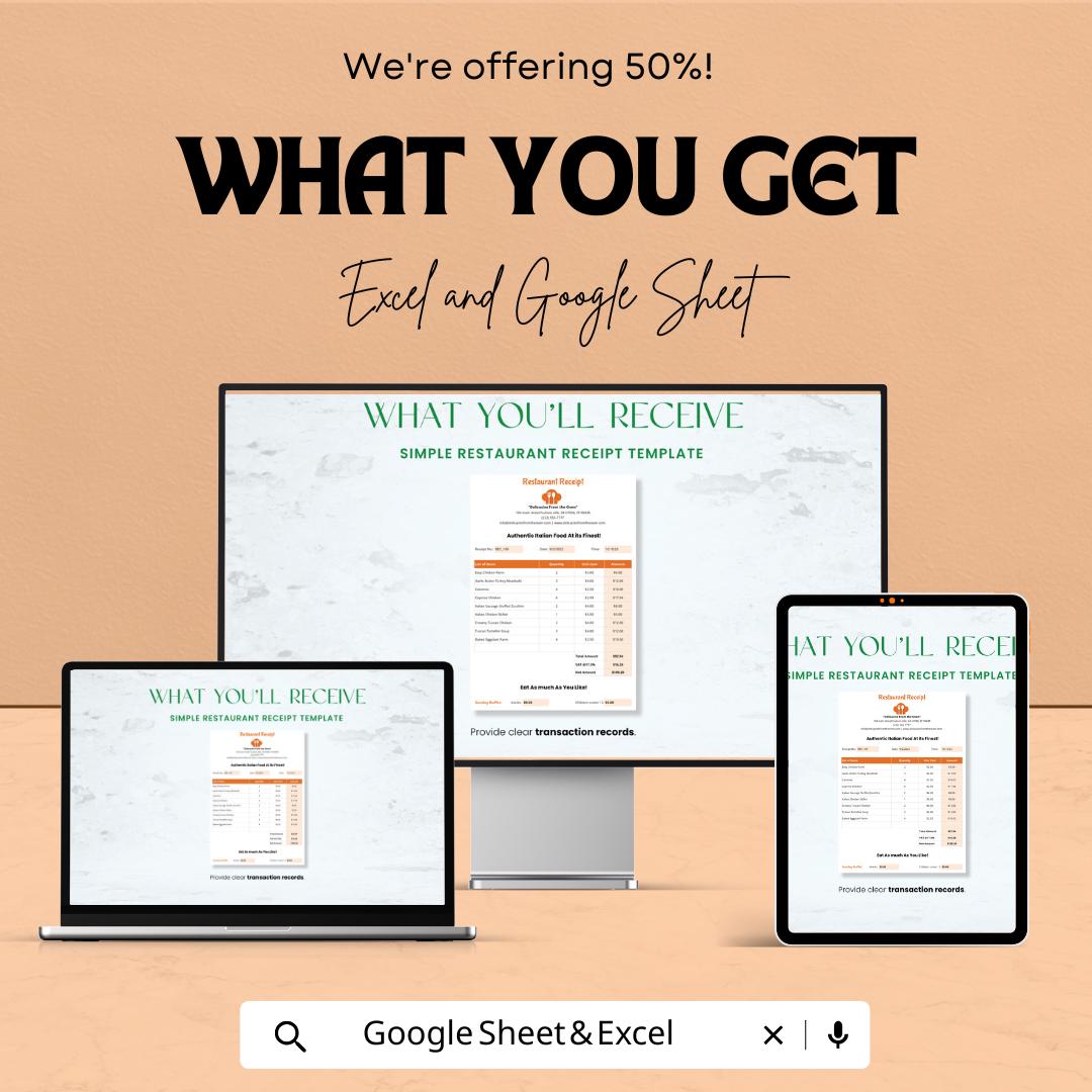 Simple Restaurant Receipt Sheet - Editable Excel & Google Sheet Template for Restaurant Orders and Transactions