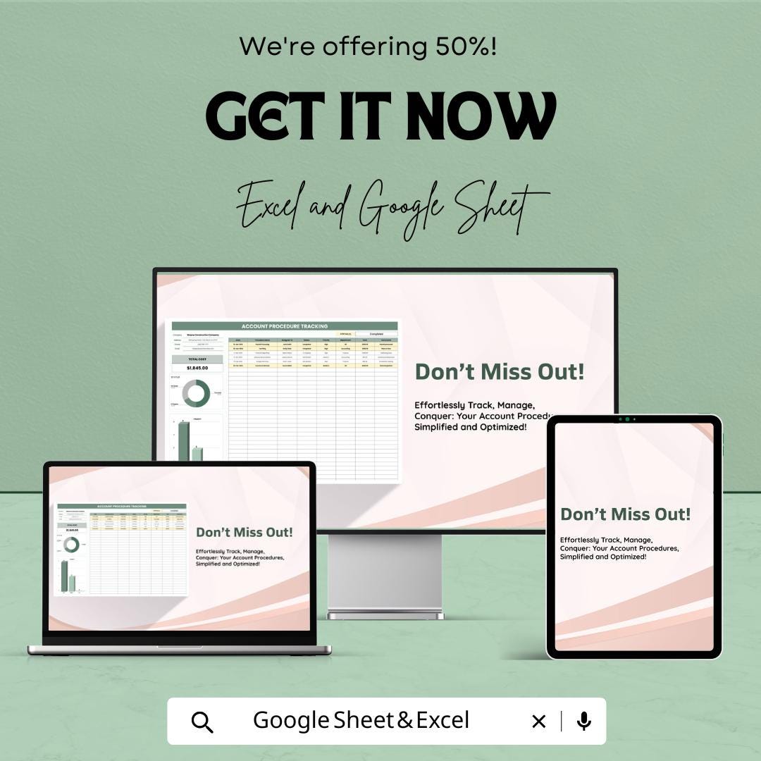 Account Procedure Tracking Sheet | Excel & Google Sheet Template | Task and Budget Tracker | Expense Log | Progress Tracking | 50% OFF!