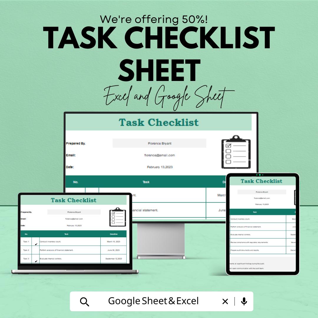 Task Checklist Sheet | Google Sheets & Excel Template | To-Do List | Task Tracker | Project Organizer | Editable Checklist Form