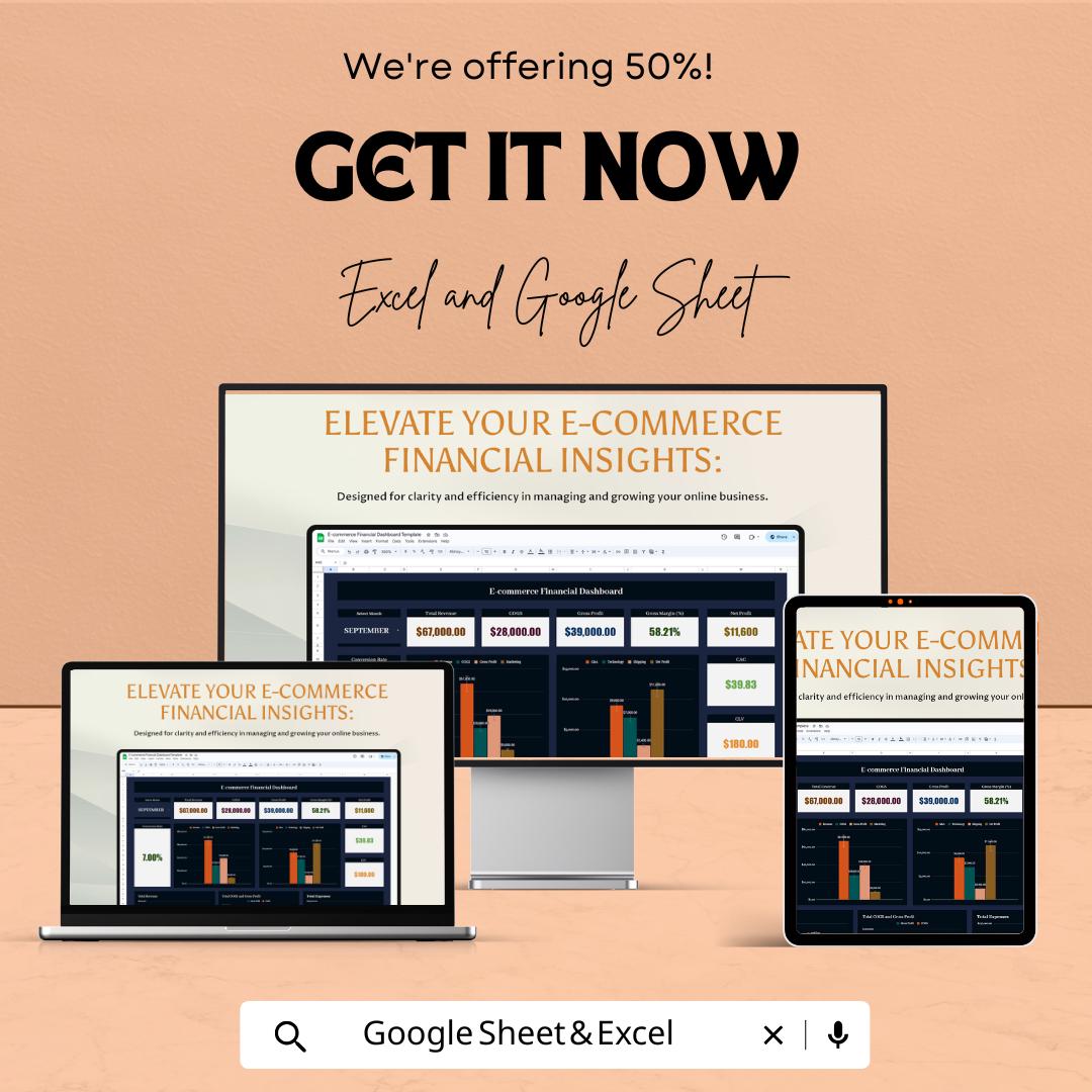 E-commerce Financial Dashboard - Excel and Google Sheet Template for Sales, Expenses, Profit Tracking & Budgeting - Instant Download