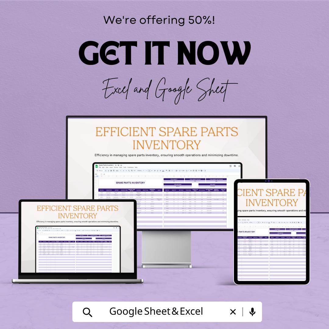 Spare Parts Inventory Template Excel & Google Sheets | Parts Inventory Tracker | Maintenance Stock Spreadsheet | Equipment Parts Log