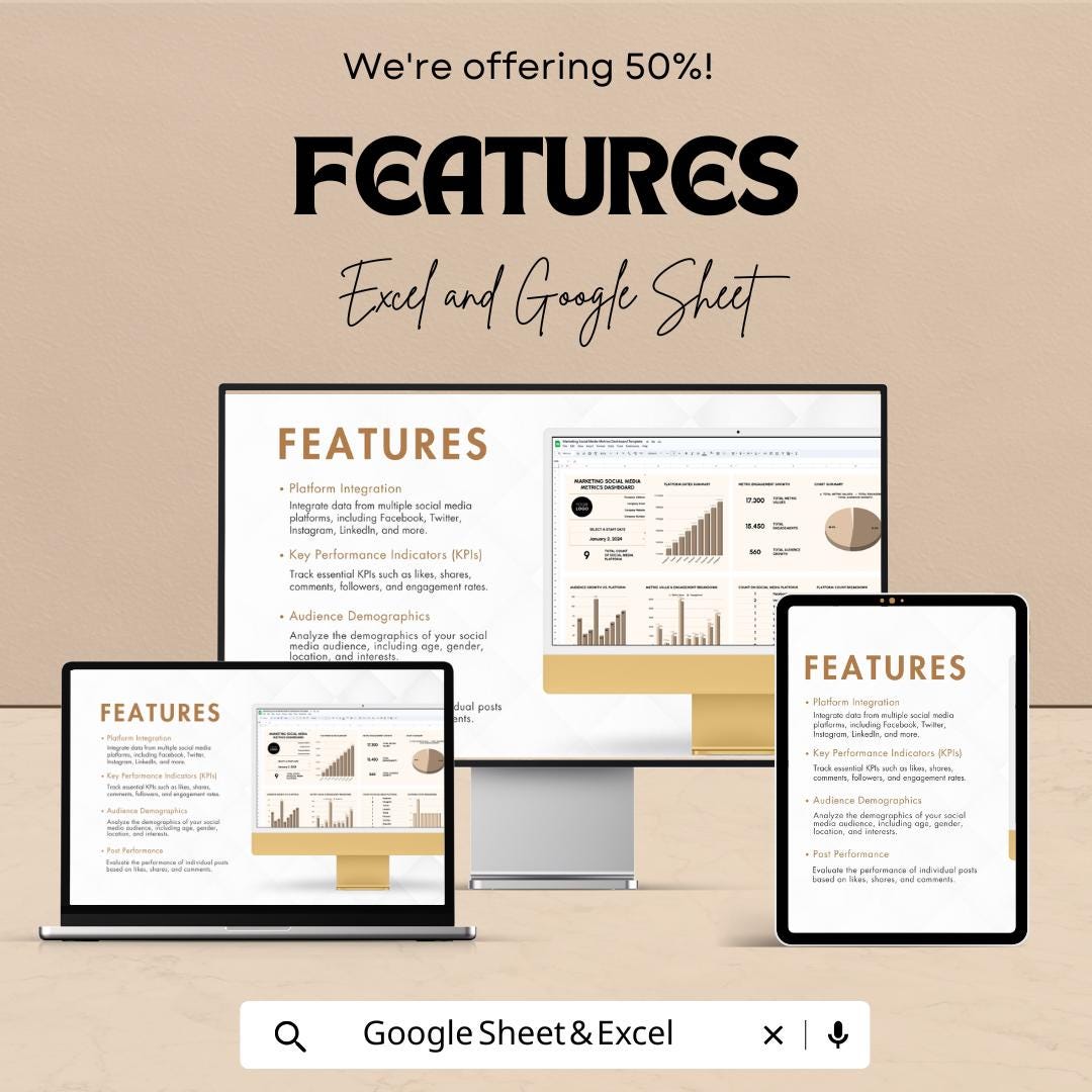 Marketing Social Media Metrics Dashboard Sheet | Excel & Google Sheets Template | Social Media Analytics | Engagement Tracker for Businesses