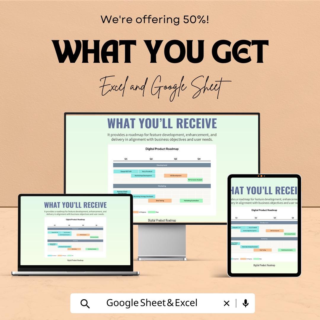 Digital Product Roadmap Sheet | Excel and Google Sheet | Roadmap Template for Digital Product Development | Project Timeline Planner