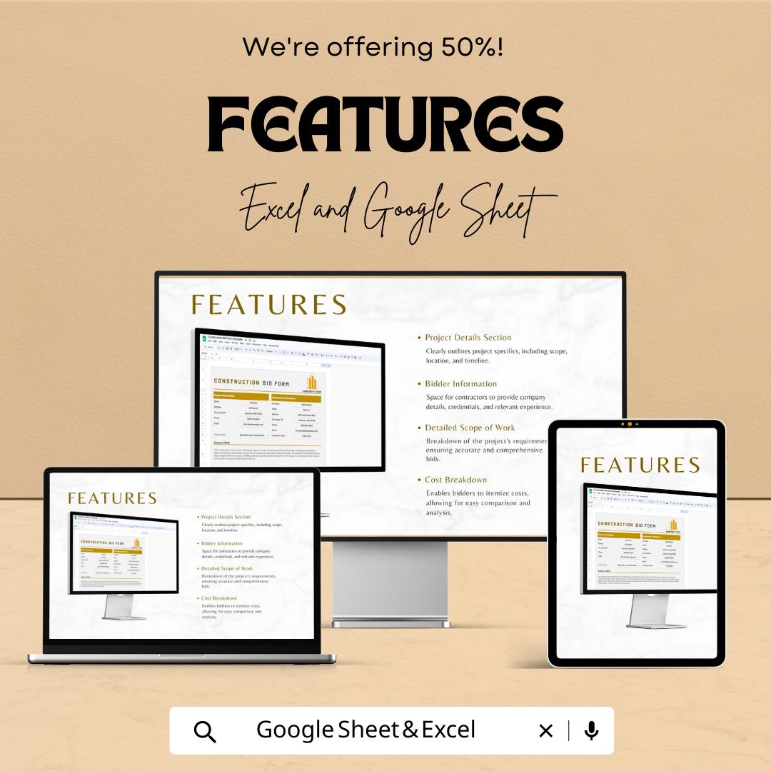 Construction Bid Form Template | Contractor Bid Sheet | Project Bid Proposal Template | Cost Breakdown Spreadsheet | Excel Google Sheets