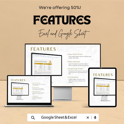 Construction Bid Form Template | Contractor Bid Sheet | Project Bid Proposal Template | Cost Breakdown Spreadsheet | Excel Google Sheets