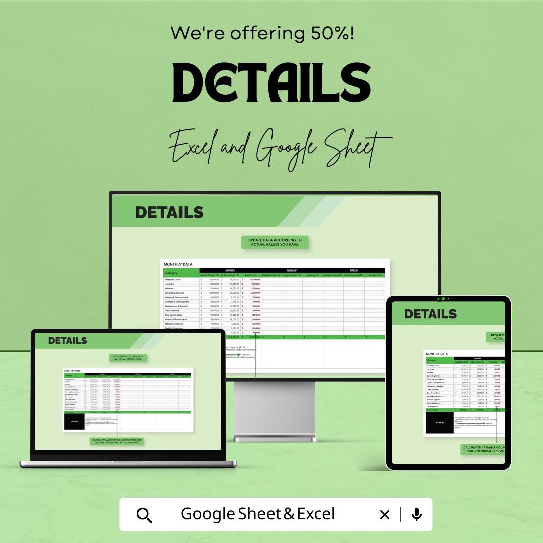 IT Budget vs Actual Analysis Sheet Template | IT Budget Tracker | Excel & Google Sheets Budget Analysis | IT Cost Management Spreadsheet