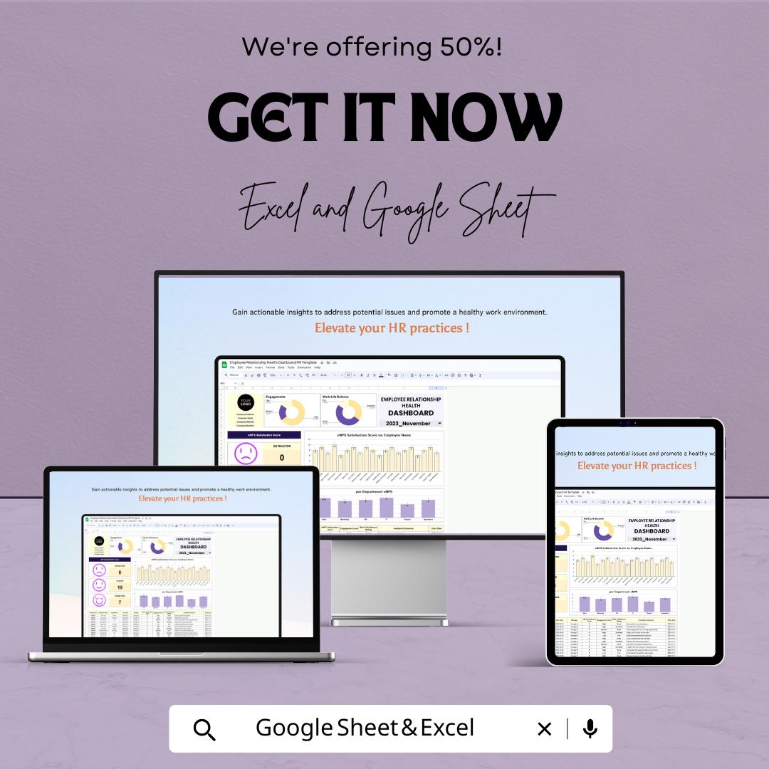 Employee Relationship Health Dashboard HR Template - Excel & Google Sheets, Track Employee Satisfaction, Engagement, HR Analytics