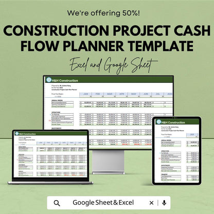 Construction Project Cash Flow Planner Template , Construction Budget Tracker, Project Cost Planning sheet, Contractor Financial Planner