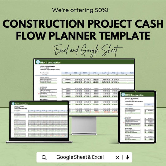 Construction Project Cash Flow Planner Template , Construction Budget Tracker, Project Cost Planning sheet, Contractor Financial Planner