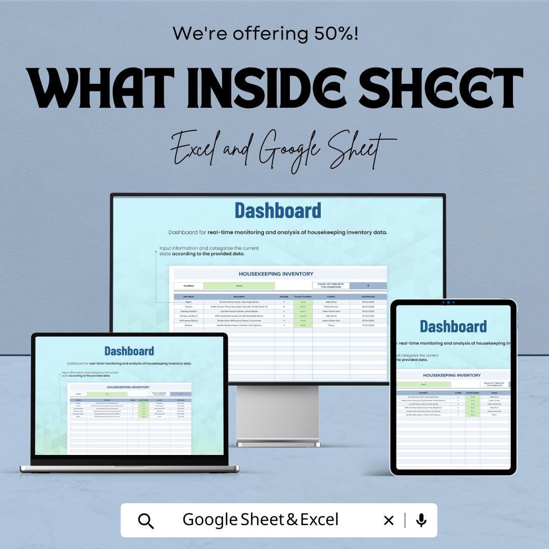 Housekeeping Inventory Sheet | Excel & Google Sheet Template for Efficient Housekeeping Management | 50% Off Now