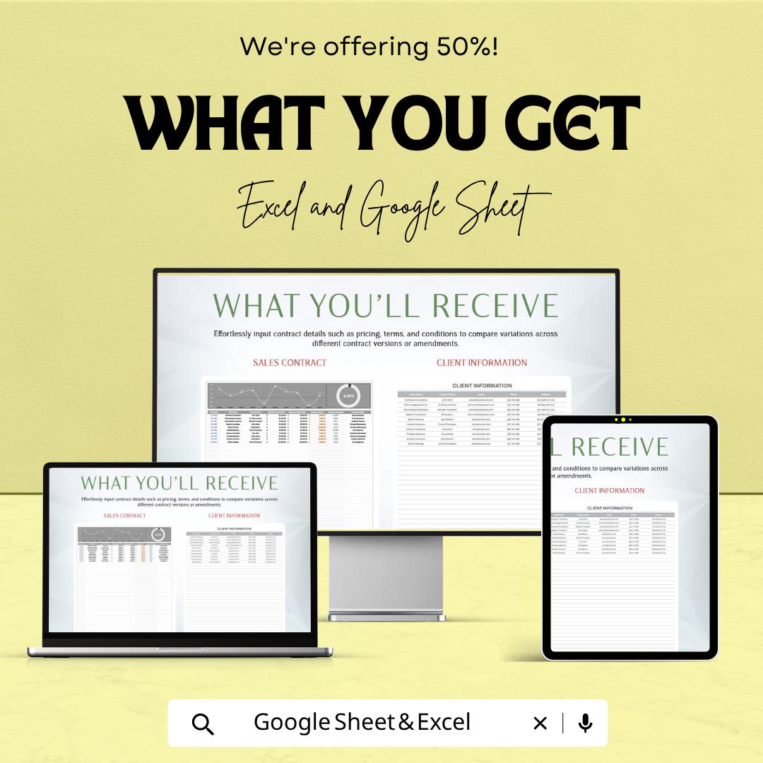 Sales Contract Variation Analysis Tool Excel Google Sheets | Contract Tracker Spreadsheet | Sales Analysis Dashboard | Contract Management