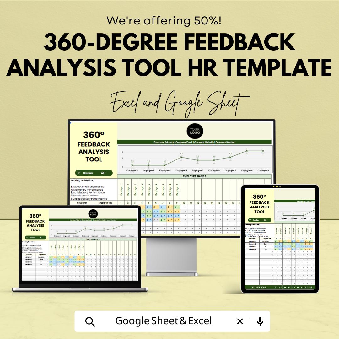 360 Degree Feedback Analysis Tool | HR Performance Review Template | Employee Evaluation Spreadsheet | Excel & Google Sheets