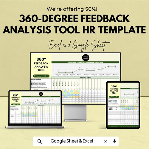 360 Degree Feedback Analysis Tool | HR Performance Review Template | Employee Evaluation Spreadsheet | Excel & Google Sheets