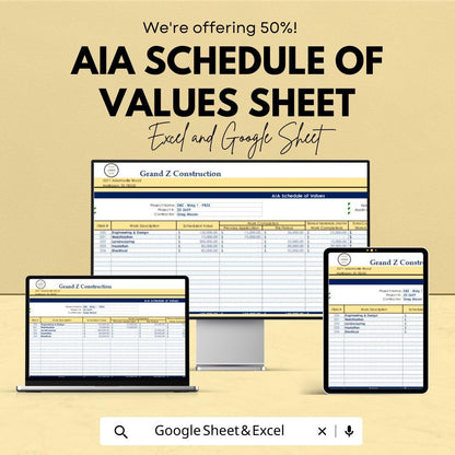 AIA Schedule of Values Sheet - Excel & Google Sheets Template - Construction Project Management Tool - 50% Off - Instant Download